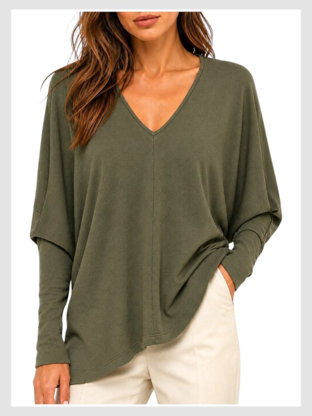 White House Black Market Olive Green V Neck Dolman Sleeve Top XS